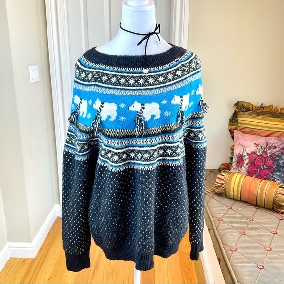 Holiday Time Sweaters - Holiday Sweater Fair Isle Polar Bears with Scarves in Blue Multi (L)